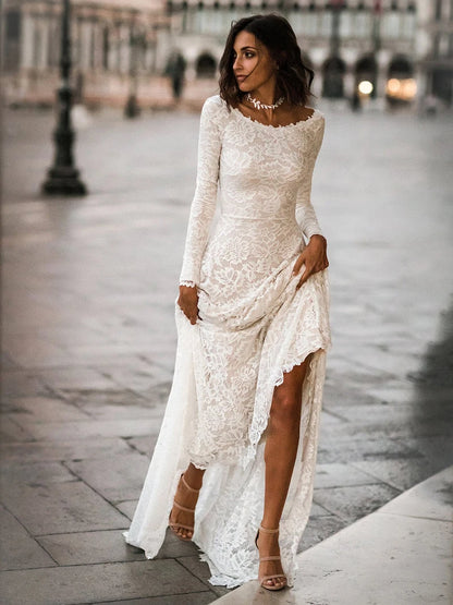 10561#Bohemian Beach Boat Neck Beach A-Line Lace Ruched Sexy Backless Sweep Train Long Sleeves Long Wedding Dress Bridal Gown