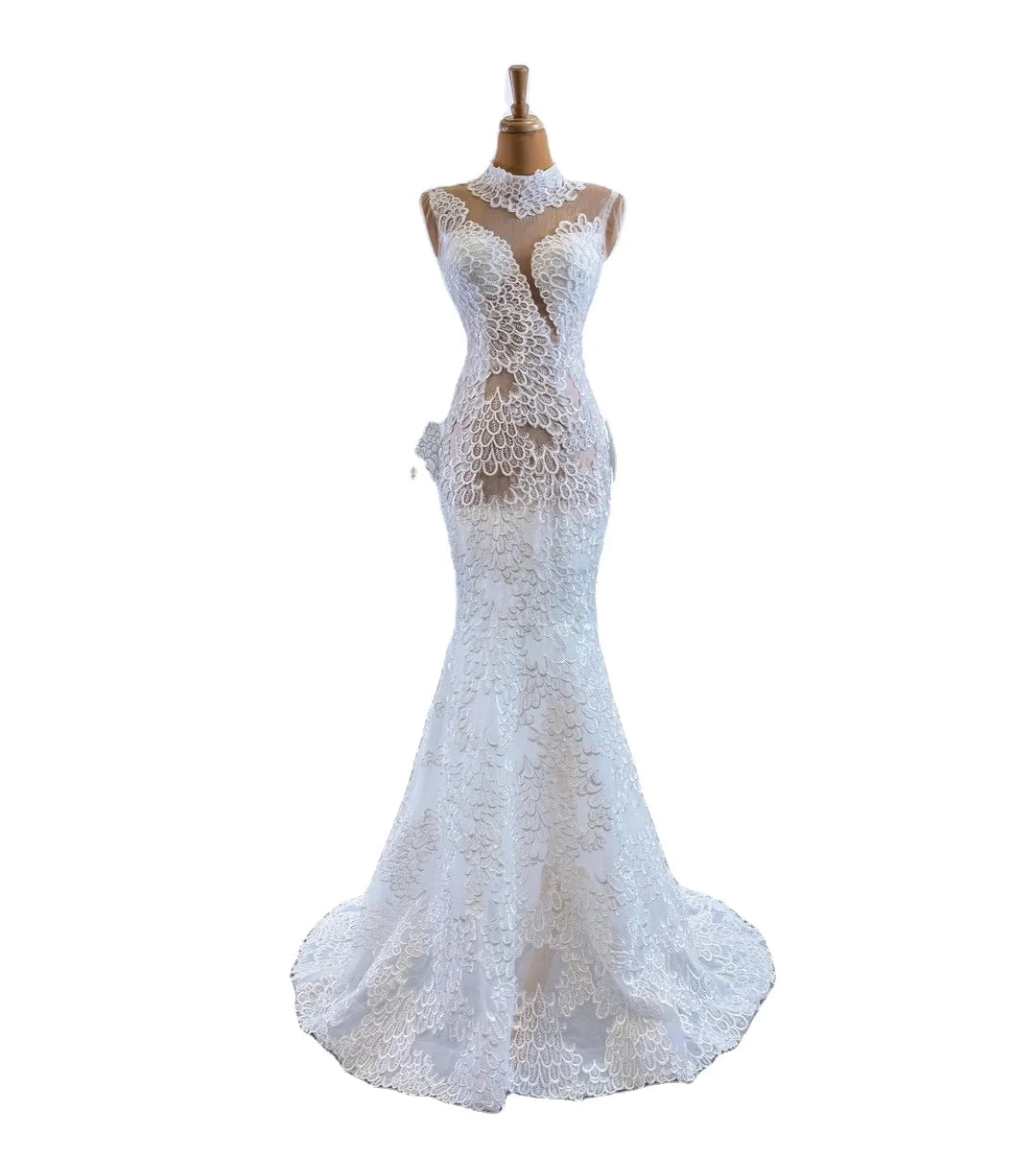 Feishiluo Newly Designed Mermaid Wedding Dress Ivory Bead Lace & Long Embroidered Appliqued Pearls Sleeveless for Women
