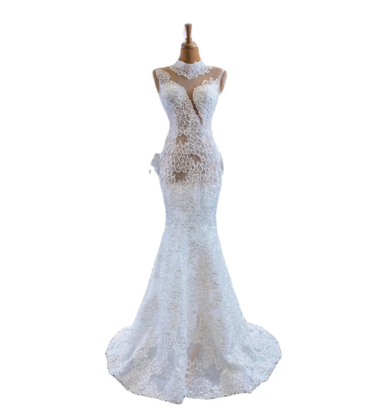 Feishiluo Newly Designed Mermaid Wedding Dress Ivory Bead Lace & Long Embroidered Appliqued Pearls Sleeveless for Women
