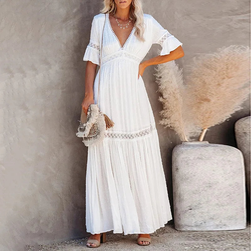 Casual White Lace Chiffon Maxi Dresses Elegant Outfit Party Wear Evening Gown Long Wedding Guest Dress Summer Clothes
