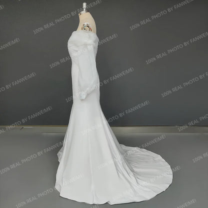 Real Photos Off Shoulder Lantern Sleeves Sheath Soft Satin Ruched Sweep Train Wedding Dress Low Back Bridal Gown for Women