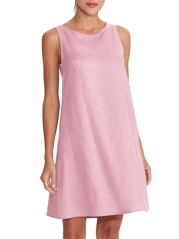 100% Linen O-Neck A-line Casual Sleeveless Loose Pockets Dress for Women