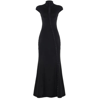 Sexy Mandarin Collar Solid Maxi Dress Cut-Out High Slit-Glam Short Sleeve Natural Waist Breathable Washable Chinoiserie Party