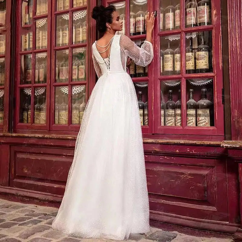 13019#Simple V-Neck Elegant A-Line Puff Long Sleeves Wedding Dress Dot Mesh Sexy Backless Floor Length Bridal Gown