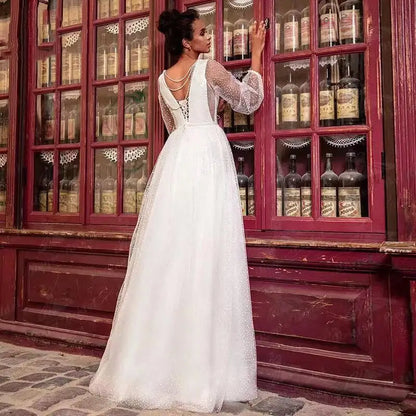 13019#Simple V-Neck Elegant A-Line Puff Long Sleeves Wedding Dress Dot Mesh Sexy Backless Floor Length Bridal Gown