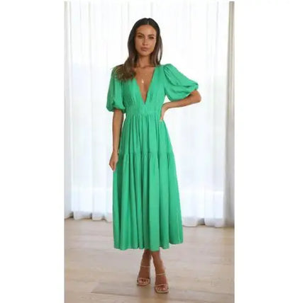 Women 2024 Puff Sleeve Deep V Neck Long Dresses Summer for Woman Sexy Green Women's Dress Summer Royal Blue