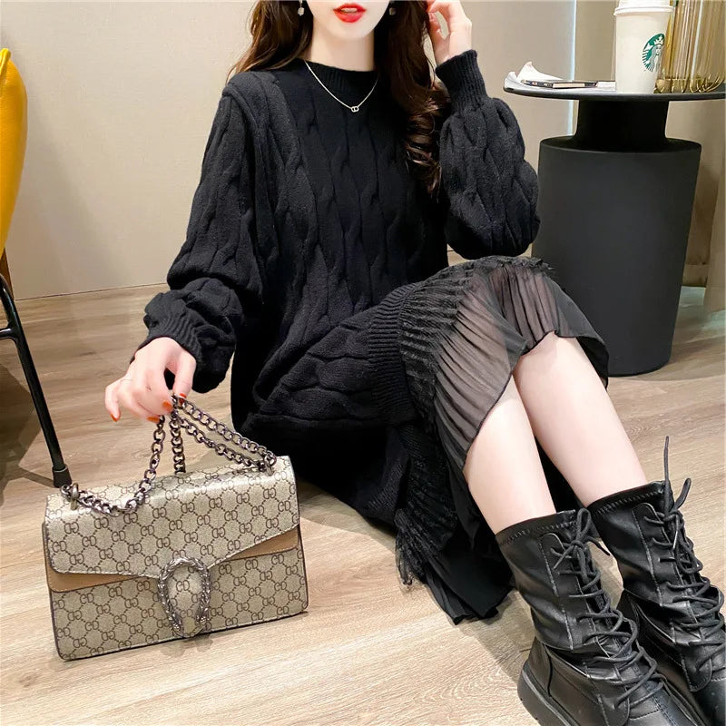 Wholesale 2026 Autumn and Winter New Lace Stitching Sweater Dress Women Loose Elegant Temperament Women Dress