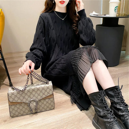 Wholesale 2026 Autumn and Winter New Lace Stitching Sweater Dress Women Loose Elegant Temperament Women Dress