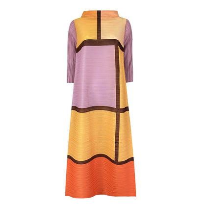 Miyake Pleated New Summer Loose European Contrast Color Women's Casual Long Dress