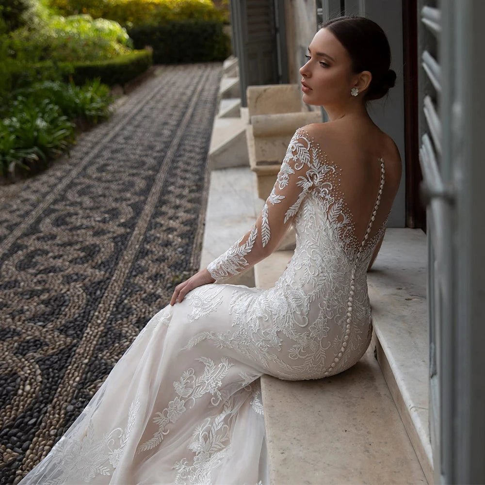 NE305 African Elegant Mermaid Wedding Dress Pure White Color Lace Appliques Long Sleeves Plus Size Wedding Dresses Bridal Gowns