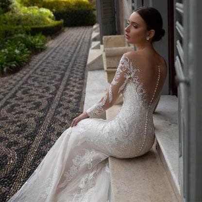 NE305 African Elegant Mermaid Wedding Dress Pure White Color Lace Appliques Long Sleeves Plus Size Wedding Dresses Bridal Gowns