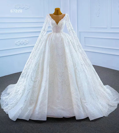 Feishiluo Luxury Wedding Dress O-Neck Ball Gown Long Sleeves Chapel Train Embroidery Appliques Floral Print Beaded Lace Crystals