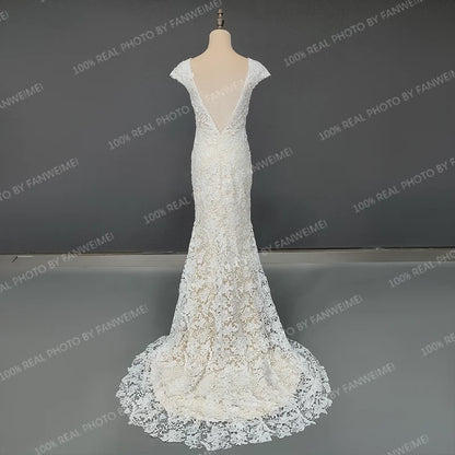 9803#Sheath Wedding Dresses V Neck Cap Sleeves Sexy Backless Vestidos De Novia Mermaid Bride Dresses Bridal Gowns Wedding Dress