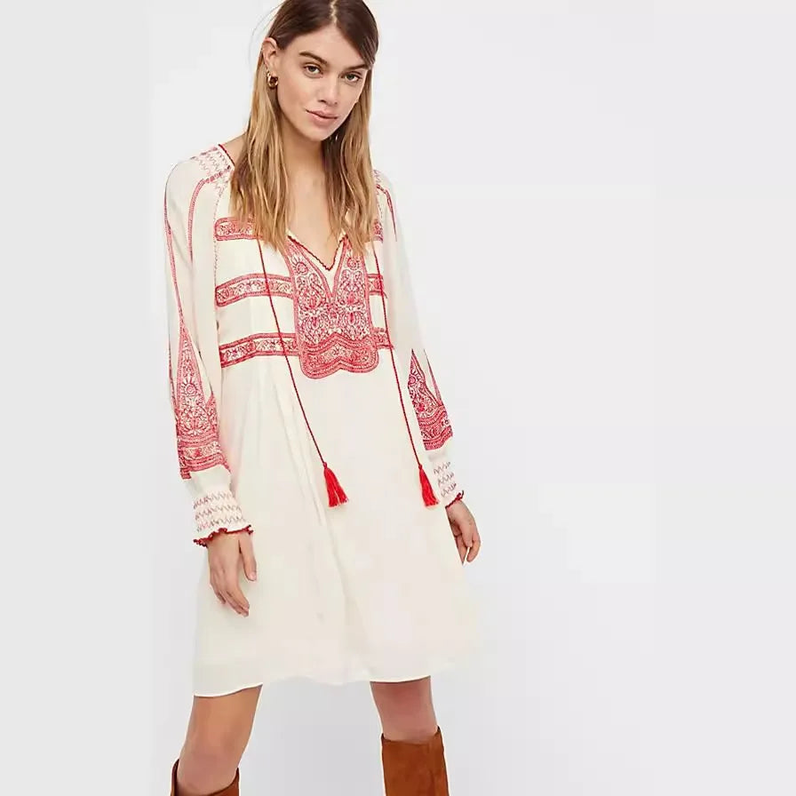 Bohemian Embroidered Shirt for Women Hippie Clothes Mexican Peasant DressTraditional Boho Clothing Tunic Dress
