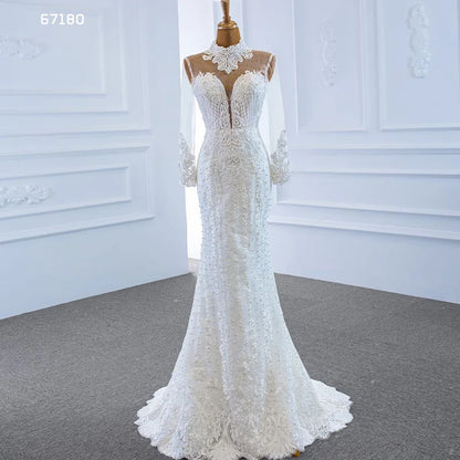 Jancember RSM67180 High Neck Quality Mermaid Lace Long Sleeve Detachable Train Wedding Dress Bridal Dress