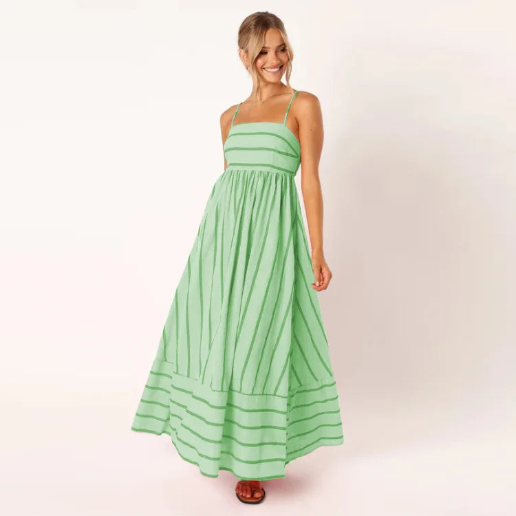 Enyami S-XL Summer Beach Holiday Boho Elegant Striped Sexy Back Design Long Sleeveless A-line Vacation Maxi Slip Women Dress