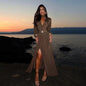 Cross-border Fashion Deep V High Split New Long Dress Pleated Design Sense Celeb Dress Dress