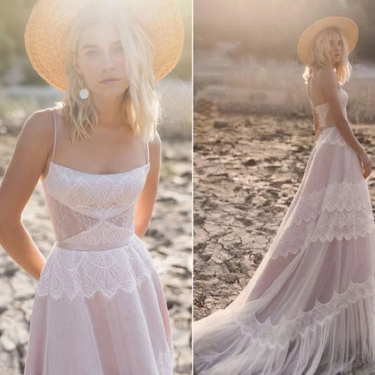 #1247 Spaghetti Straps Soft Lace Sleeveless Sweep Train A-Line Bohemian Beach Backless Wedding Dress Bridal Gowns Evening Dress