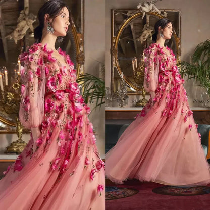 14252# Real Photos Romantic Long Sleeves V Neck 3D Flowers Tulle A-line Prom Evening Dress Wedding Party Gown for Women