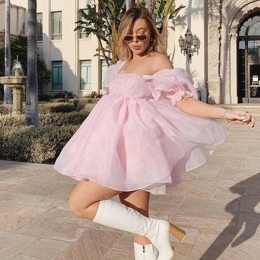 Short Puff Sleeve Cute Style Women Girls Dress Square Neck Low Cut High Waist Tulle Tutu Ball Gown Mini Dresses