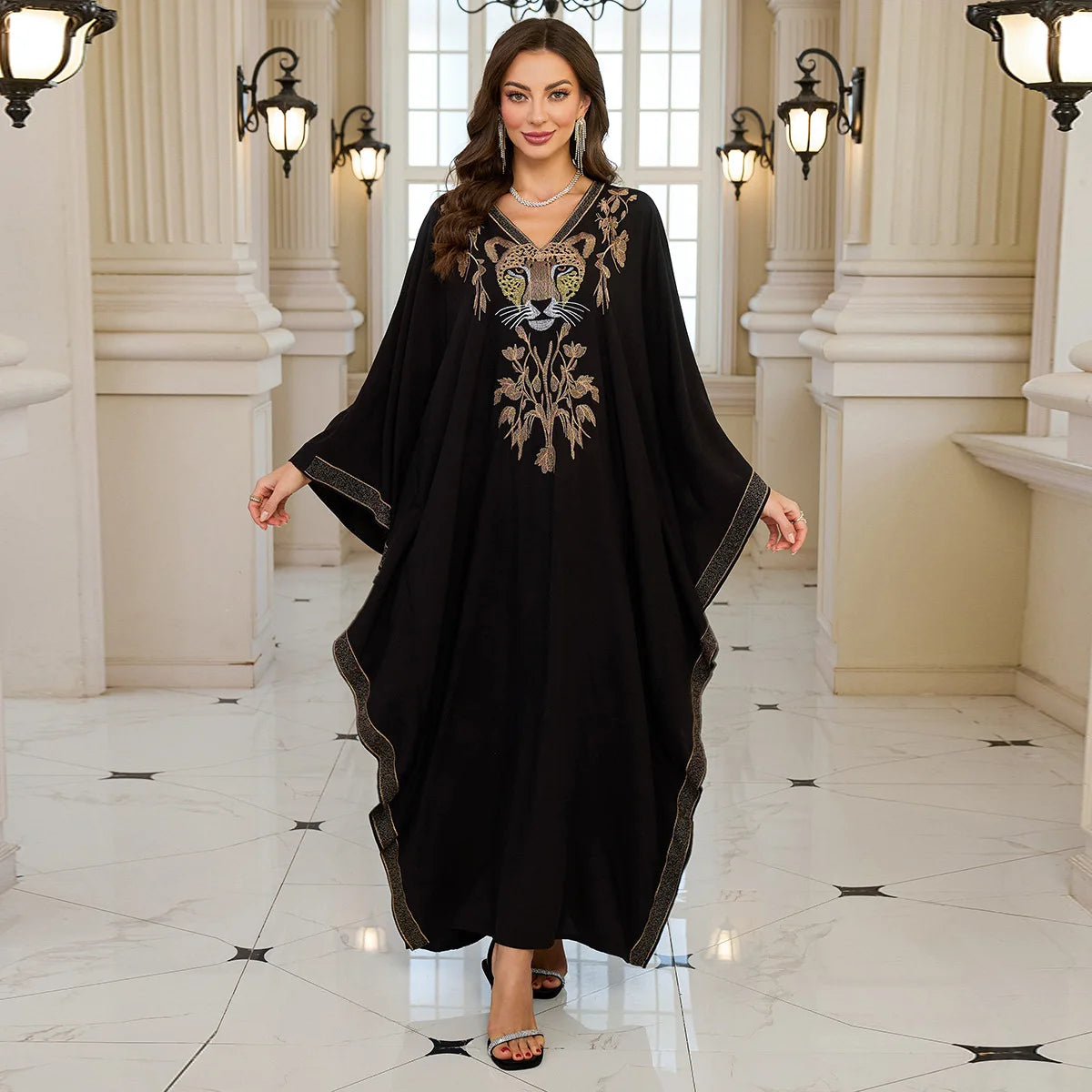 Beach Abaya in Rayon with Gold Embroidery and Batwing Sleeves for Vacation Available on for (24 Colors) L4125