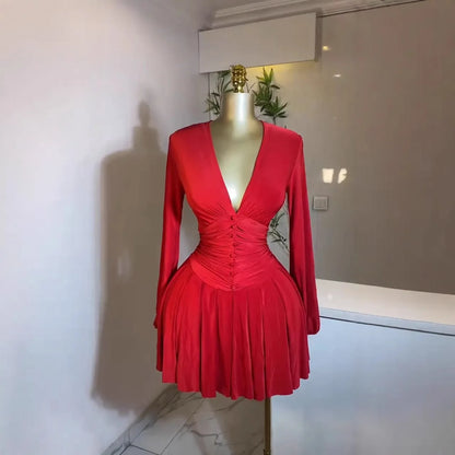 Women's Pleated V-neck Long-sleeved Dress French Style Slim Waist Knee Length Skirt