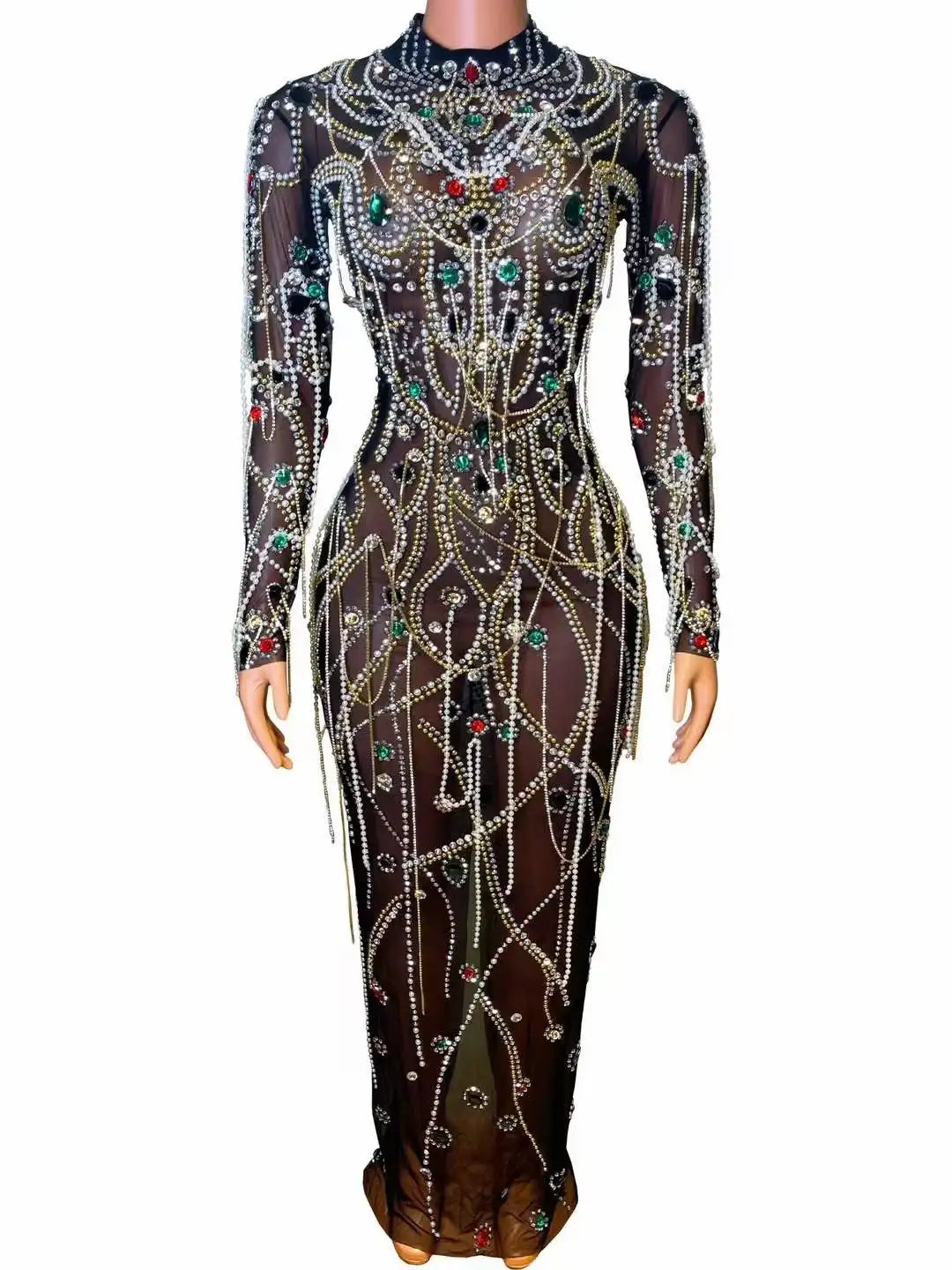 Ocstrade High Quality Luxury Women Stage Dress Long Sleeves Pearls Tassel Beading Crystal Mesh See Through Performance Dress