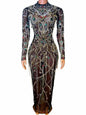 Ocstrade High Quality Luxury Women Stage Dress Long Sleeves Pearls Tassel Beading Crystal Mesh See Through Performance Dress