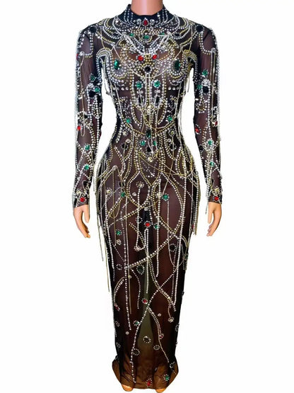 Ocstrade High Quality Luxury Women Stage Dress Long Sleeves Pearls Tassel Beading Crystal Mesh See Through Performance Dress