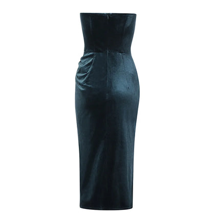 R30409S 2022 Spring and Summer New Ladies Velvet Tube Top V-neck Irregular Slit Mid-length Dress High-end Clothing Black Dress