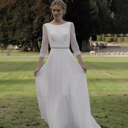8862# Real Photos O-neck Backless Appliques Illusion Lace Wedding Dress Soft Chiffon Sweep Train A-line Bridal Gown for Party