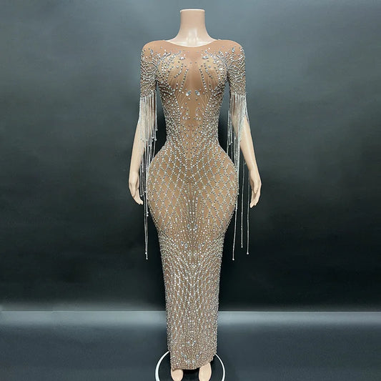 2026 Summer Vintage Drop Shipping Sexy Shiny Diamond Brown Sheer Bling Dress Long Gown for Evening Party Dress