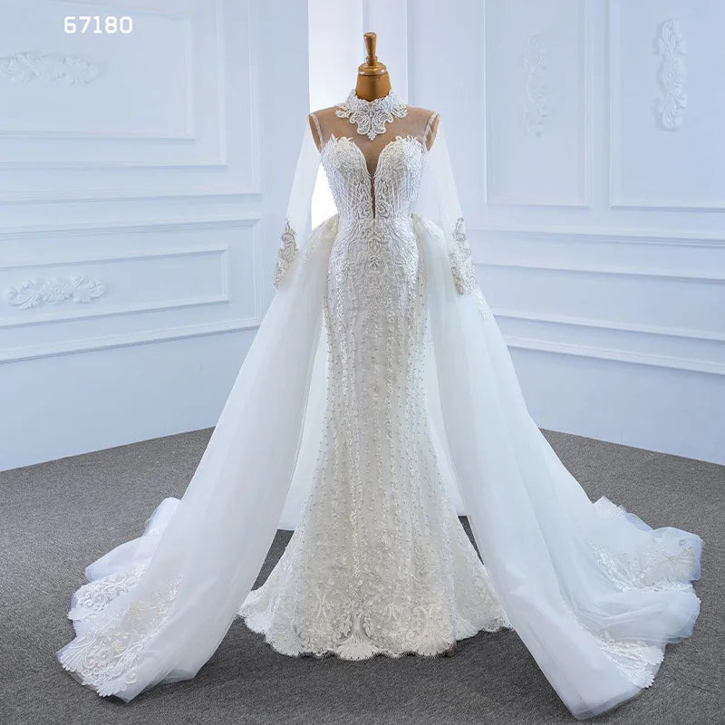 Jancember RSM67180 High Neck Quality Mermaid Lace Long Sleeve Detachable Train Wedding Dress Bridal Dress