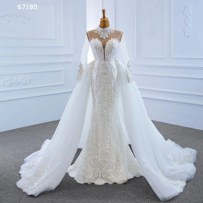 Jancember RSM67180 High Neck Quality Mermaid Lace Long Sleeve Detachable Train Wedding Dress Bridal Dress