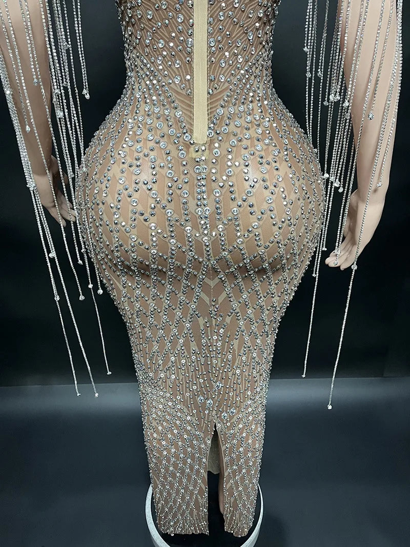 2026 Summer Vintage Drop Shipping Sexy Shiny Diamond Brown Sheer Bling Dress Long Gown for Evening Party Dress