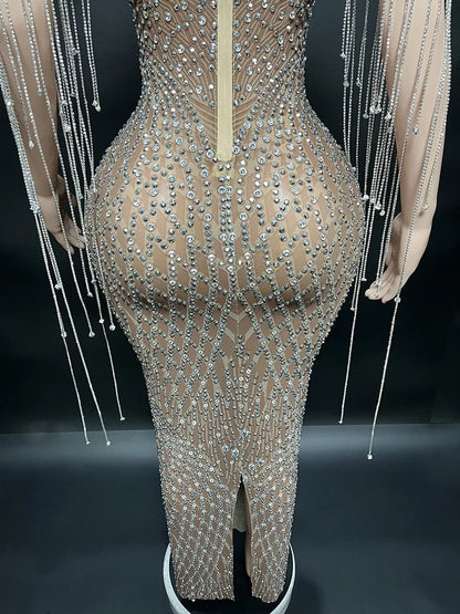 2026 Summer Vintage Drop Shipping Sexy Shiny Diamond Brown Sheer Bling Dress Long Gown for Evening Party Dress