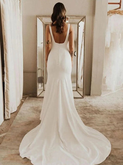 11896# Bohemian Sleeveless Wedding Dress Square Neckline Sweep Train Soft Satin Backless Simple Wedding Dress Bridal Gown