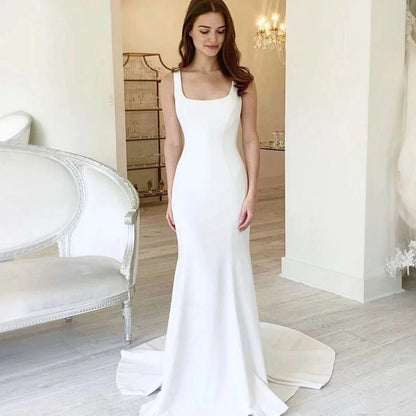 11896# Bohemian Sleeveless Wedding Dress Square Neckline Sweep Train Soft Satin Backless Simple Wedding Dress Bridal Gown