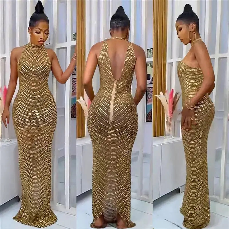 Spring New Elegant Cross-Border  Women's Evening Rhinestone Embellished A-Line Floor-Length Party High INS