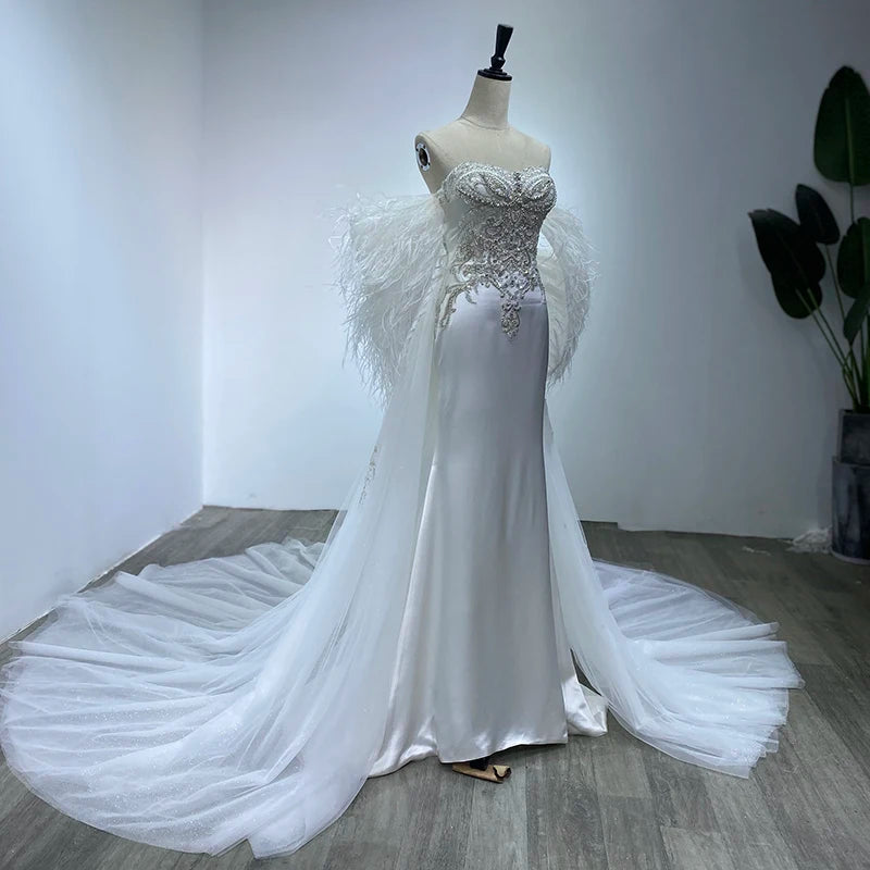 Off Shoulder Detachable Tail Wedding Dress Beaded Pearls Bridal Gown Sequined Feather Backless Gown Wm22