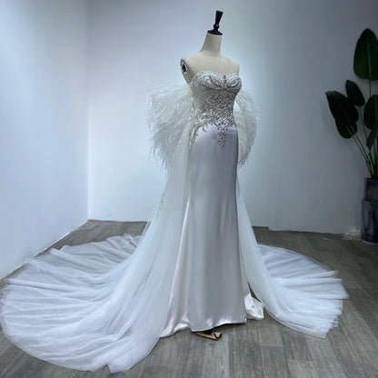 Off Shoulder Detachable Tail Wedding Dress Beaded Pearls Bridal Gown Sequined Feather Backless Gown Wm22