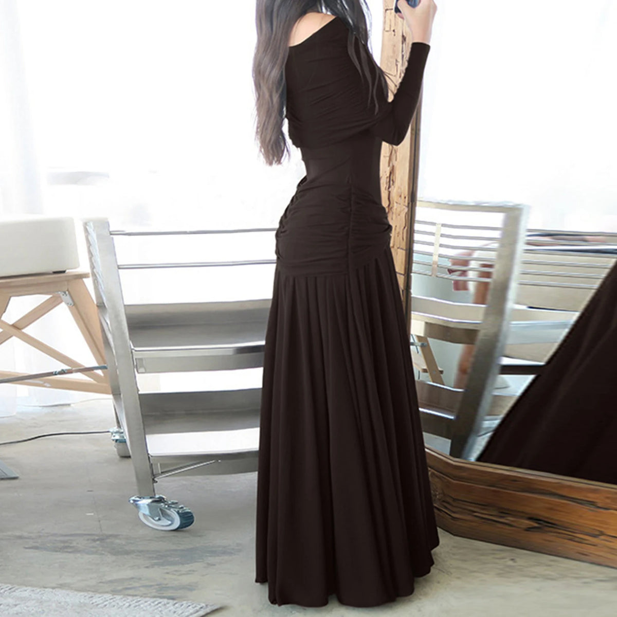 Elegant Casual Solid Color Eco-Friendly Breathable Washable Plain Dyed Maxi Loose Natural Waist Autumn Dress Shoulder Long