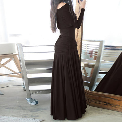 Elegant Casual Solid Color Eco-Friendly Breathable Washable Plain Dyed Maxi Loose Natural Waist Autumn Dress Shoulder Long