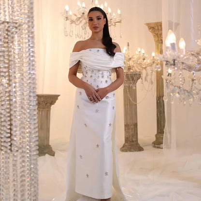 Elegant Off Shoulder Blue Satin Evening Dress With Overskirt Crystal White Midi Wedding Party Gowns Lsz270