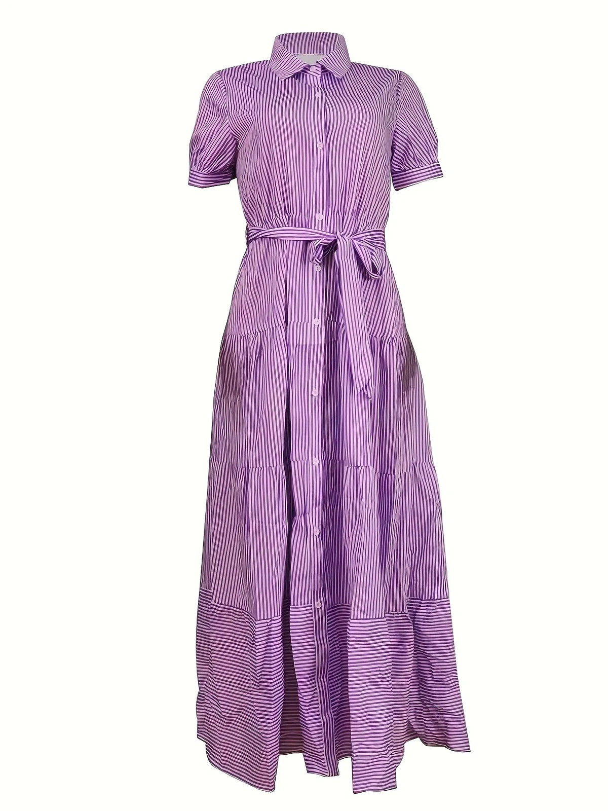 FD492 Hot Selling Summer Dresses for Women Elegant Stripe Printed Short Sleeve Loose Shirt Dress Long Maxi Ladies