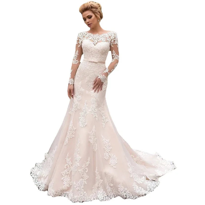 Spring New Backless Mermaid Trailing Lace Wedding Dress Long Sleeve Lawn Empire Silhouette Embroidered Technique