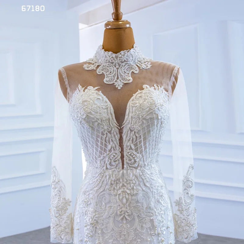 Jancember RSM67180 High Neck Quality Mermaid Lace Long Sleeve Detachable Train Wedding Dress Bridal Dress