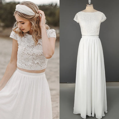 12178# Real Photos Two Piece Appliques Lace Soft Chiffon Wedding Dress for Engagement Backless Sweep Train Bridal Gown