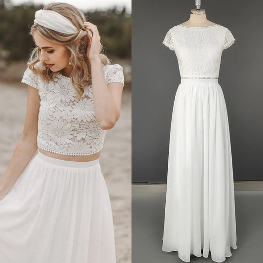 12178# Real Photos Two Piece Appliques Lace Soft Chiffon Wedding Dress for Engagement Backless Sweep Train Bridal Gown