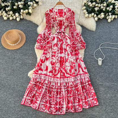 2026 Summer Roman V-Neck Casual Maxi Dress for Women Empire Printed Dress